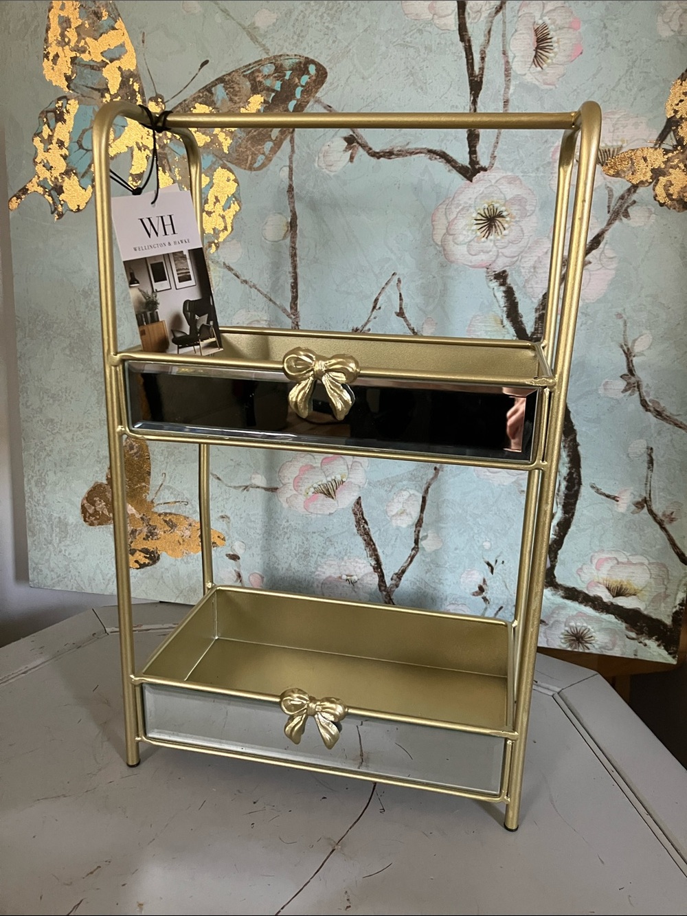 Gold Two-Tier Metal Organizer With Mirrored Accents